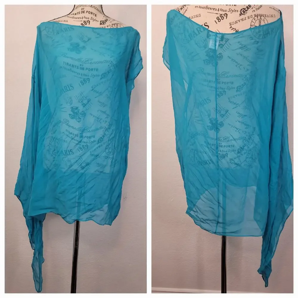 Bebe One Shoulder Silk Dress Size Medium Sheer Asymmetric Sleeve Whimsycal Blue